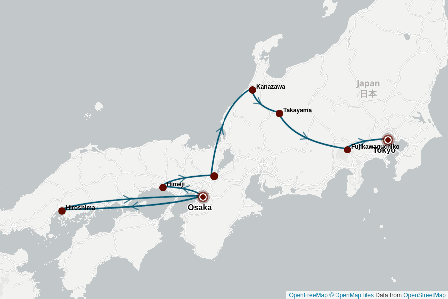 Itinerary Map image for Japan Komfort Rundreise 18 Tage
